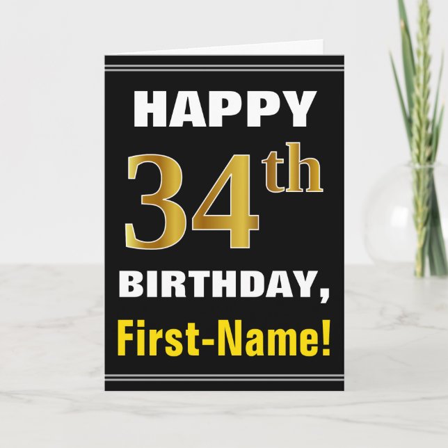 Tarjeta Negrita, negro, falso oro 34 cumpleaños con tarjet (Anverso)
