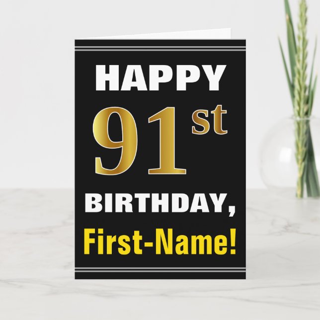 Tarjeta Negrita, negro, falso oro 91º cumpleaños con tarje (Anverso)