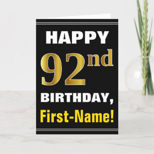 Tarjeta Negrita, negro, falso oro 92º cumpleaños con tarje