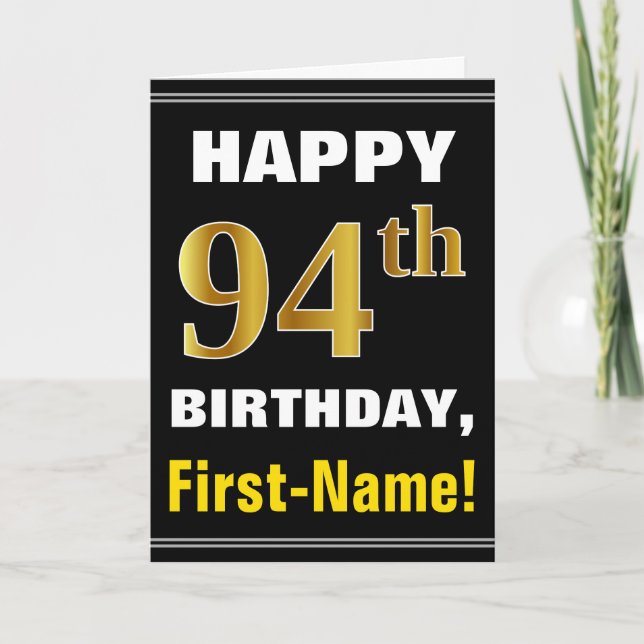 Tarjeta Negrita, negro, falso oro 94º cumpleaños con tarje (Anverso)
