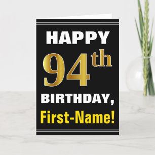 Tarjeta Negrita, negro, falso oro 94º cumpleaños con tarje
