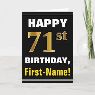 Tarjeta Negrita, negro, oro falso 71º cumpleaños con tarje