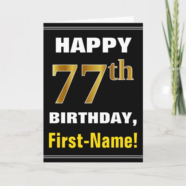 Tarjeta Negrita, negro, oro falso 77º cumpleaños con tarje (Anverso)