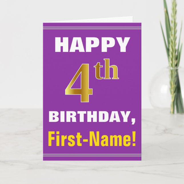 Tarjeta Negrita, púrpura, falso oro cuarto cumpleaños con  (Anverso)