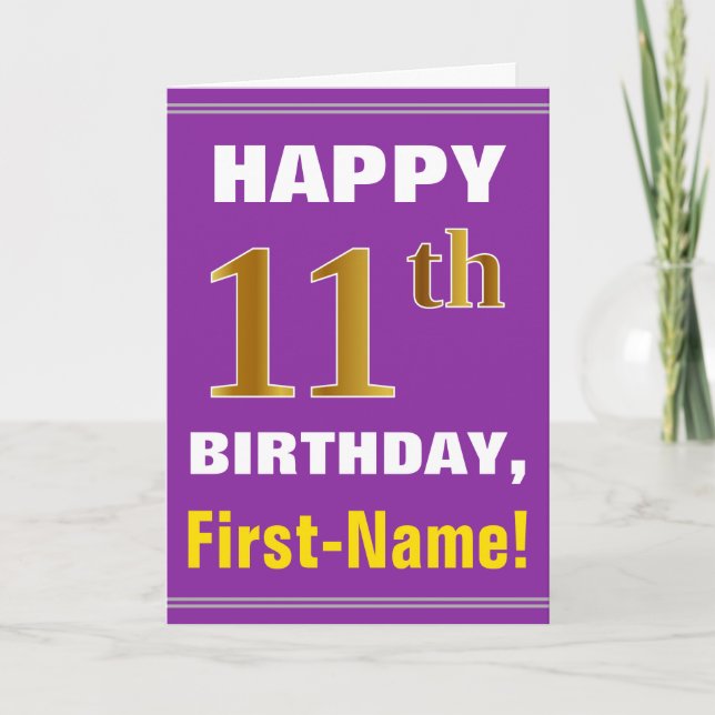 Tarjeta Negrita, púrpura, Faux Gold 11 cumpleaños con tarj (Anverso)
