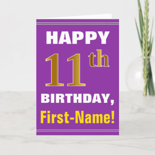Tarjeta Negrita, púrpura, Faux Gold 11 cumpleaños con tarj