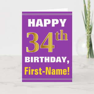 Tarjeta Negrita, púrpura, Faux Gold 34th Birthday con tarj