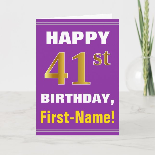 Tarjeta Negrita, púrpura, Faux Gold 41st Birthday con tarj (Anverso)