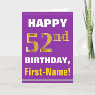 Tarjeta Negrita, púrpura, Faux Gold 52 cumpleaños con tarj