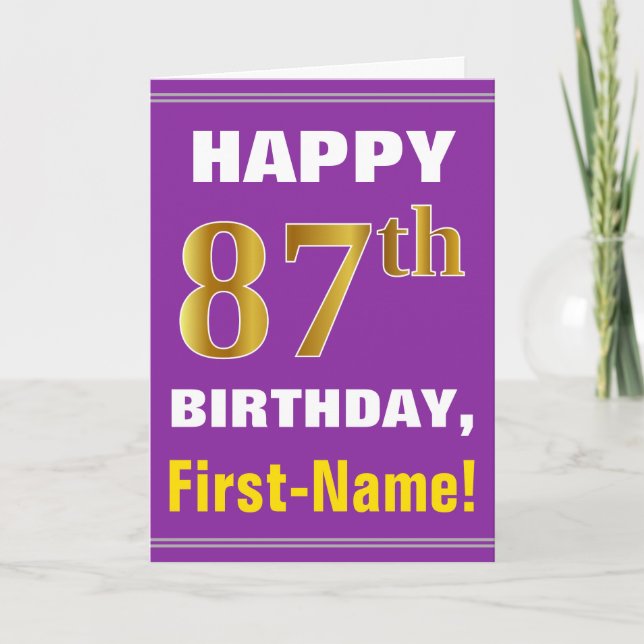 Tarjeta Negrita, púrpura, oro falso 87º cumpleaños con tar (Anverso)