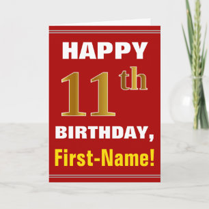 Tarjeta Negrita, rojo, falso oro 11º cumpleaños con tarjet