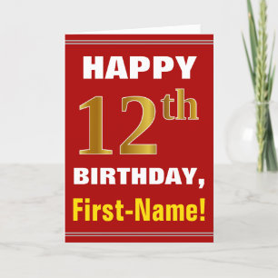 Tarjeta Negrita, rojo, falso oro 12º cumpleaños con tarjet