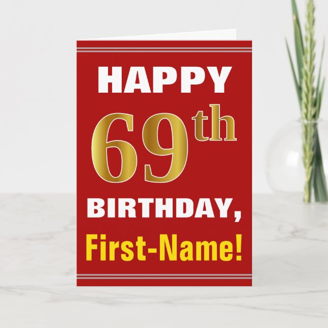 Tarjeta Negrita, rojo, falso oro 69º cumpleaños con tarjet (Anverso)