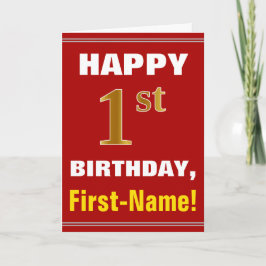 Tarjeta Negrita, Rojo, Faux Gold Primer Cumpleaños con Tar