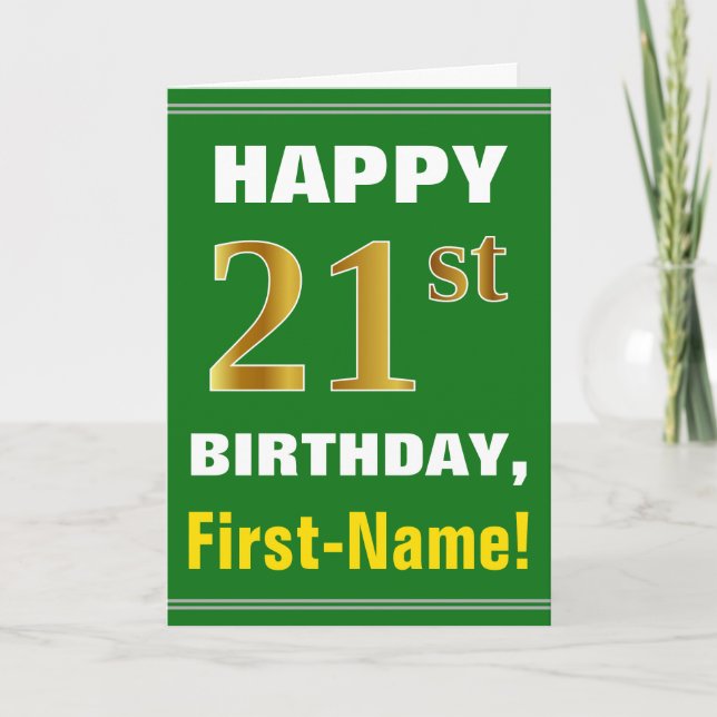 Tarjeta Negrita, verde, falso oro 21 cumpleaños con tarjet (Anverso)