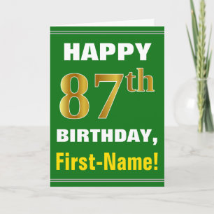 Tarjeta Negrita, verde, falso oro 87º cumpleaños con tarje