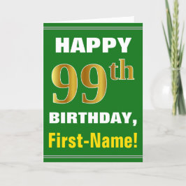 Tarjeta Negrita, verde, falso oro 99º cumpleaños con tarje
