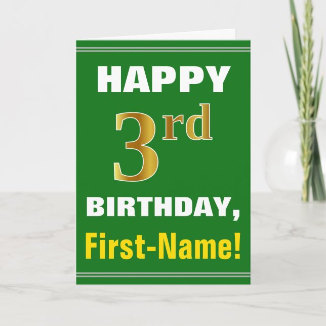 Tarjeta Negrita, verde, falso oro tercer cumpleaños con ta (Anverso)