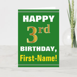 Tarjeta Negrita, verde, falso oro tercer cumpleaños con ta