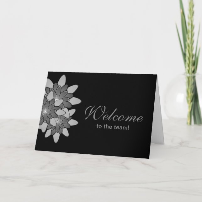 Tarjeta Negro con la bienvenida a Lotus con floral gris (Anverso)