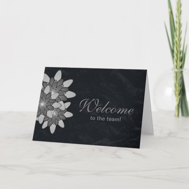 Tarjeta Negro con la bienvenida a Lotus con floral gris (Anverso)