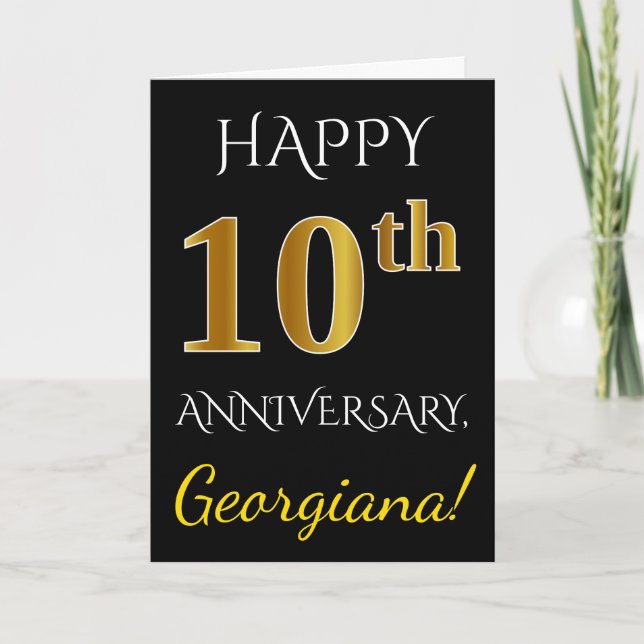 Tarjeta Negro, Dorado Falso Aniversario de Bodas 10 + Nomb (Anverso)