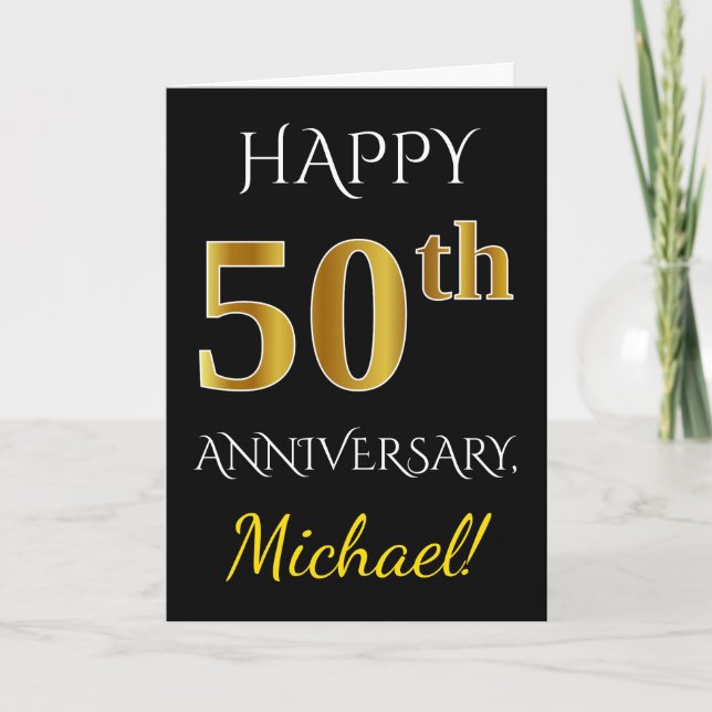 Tarjeta Negro, Faux Gold 50 Aniversario del Boda + Nombre (Anverso)