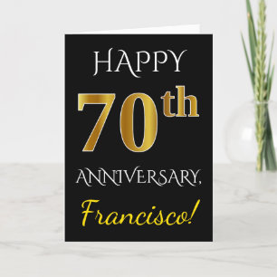 Tarjeta Negro, Faux Gold 70° aniversario de Boda + nombre