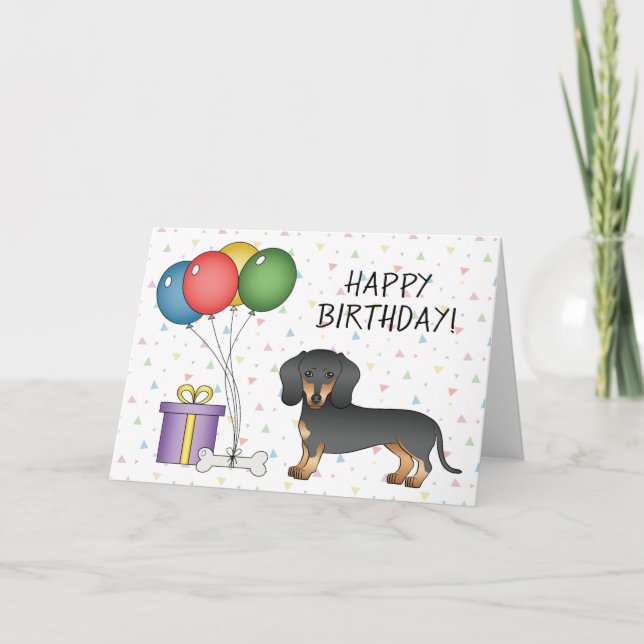Tarjeta Negro Y Tan Corto Pelo Dachshund Feliz Cumpleaños (Anverso)