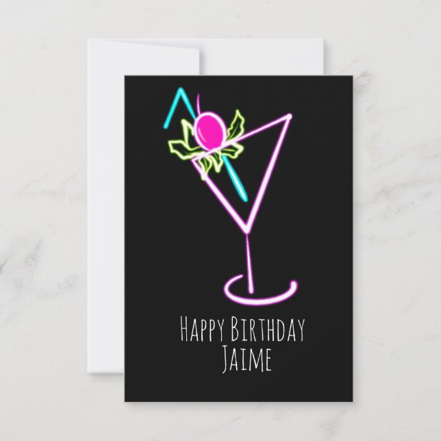 Tarjeta Neon Cocktail Drink Birthday Party Black (Anverso)