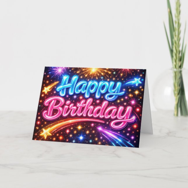 Tarjeta Neon Happy Birthday Fireworks and Stars (Anverso)