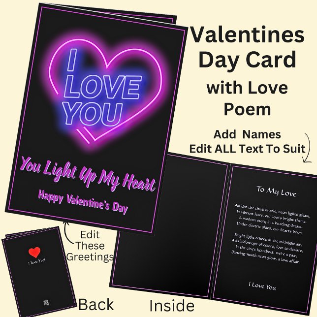 Tarjeta Neon Light Valentine Heart with Love Poem (Subido por el creador)