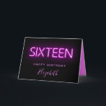 Tarjeta Neon Lights Pink 16th Birthday<br><div class="desc">Tarjeta de cumpleaños 16 moderna de Guay con "dieciséis" en luces de neón brillantes rosadas contra fondo negro. Personaliza con su nombre.</div>