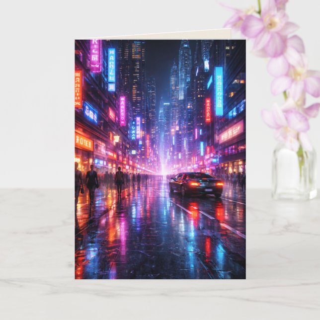 Tarjeta Neon-Lit Cyber Punk City at Night Blank Art Card (Orquídea)