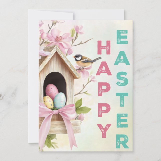 Tarjeta Nestled Blessings – Easter Birdhouse Charm (Anverso)
