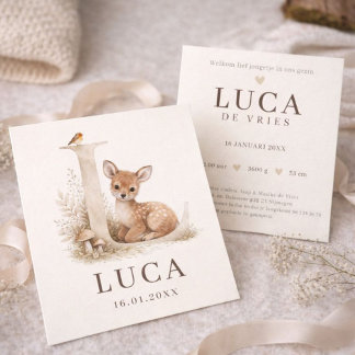 Tarjeta Neutraal geboortekaartje hertje monogram L 