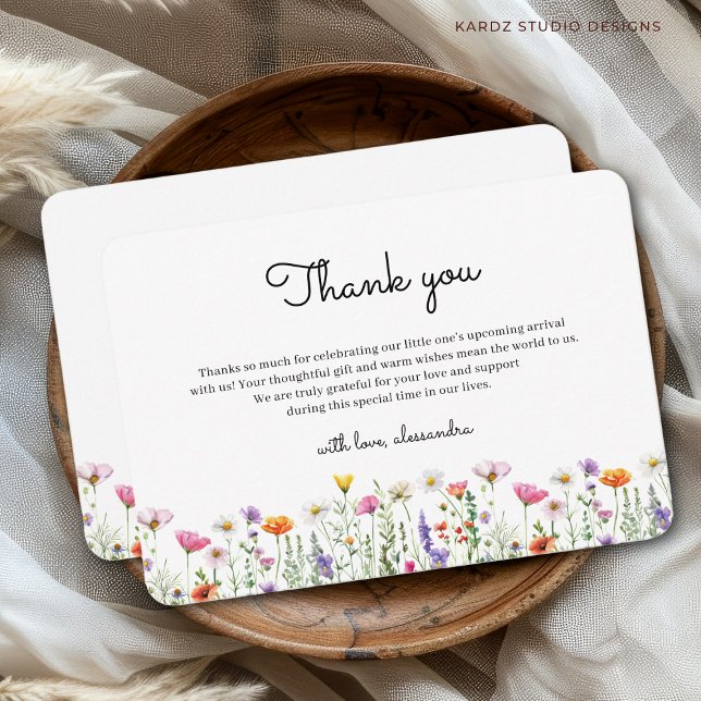Tarjeta Neutral Baby Shower Wildflower Gracias (Thanks Card shown in 3.5 x 5 inches with rounded corners. Personalize, choose size and corner style.)