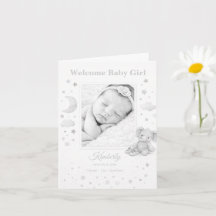 Neutral Gray Elephant Baby Girl Birth Announcement