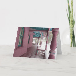 Tarjeta Nevada de invierno en un porche rosado - Viñedo de