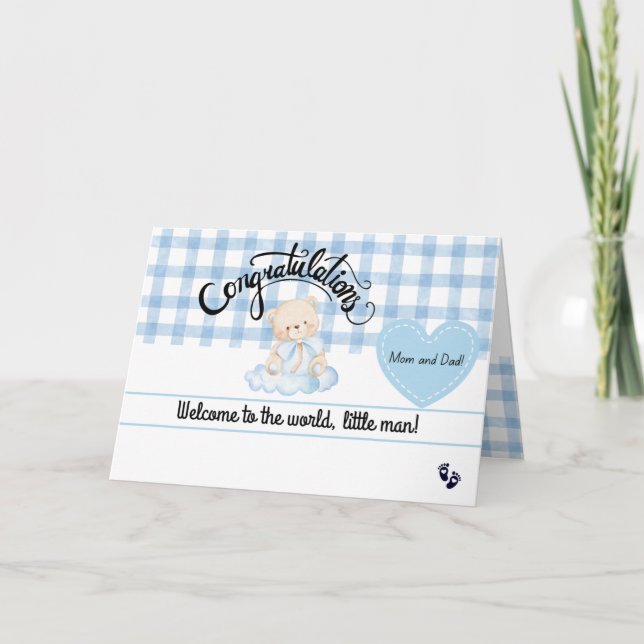 Tarjeta New Baby Boy Congratulations Card, Cute Blue Bear (Anverso)