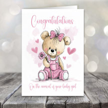 New Baby Girl Congratulations Teddy Bear Card