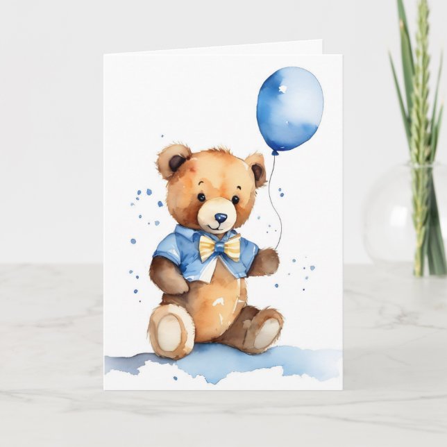 Tarjeta New Baby Teddy Bear With Blue Balloon (Anverso)