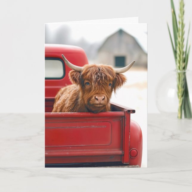 Tarjeta New House Highland Cow In a Red Retro Pickup Truck (Anverso)