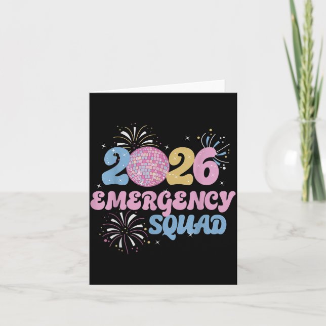 Tarjeta New Years 2026 Eve Emergency Squad Disco Ball Fire (Anverso)