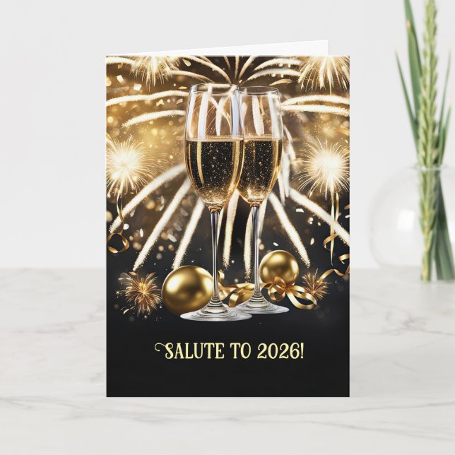 Tarjeta New Years Cheers Salute 2026 Champagne Fireworks  (Anverso)