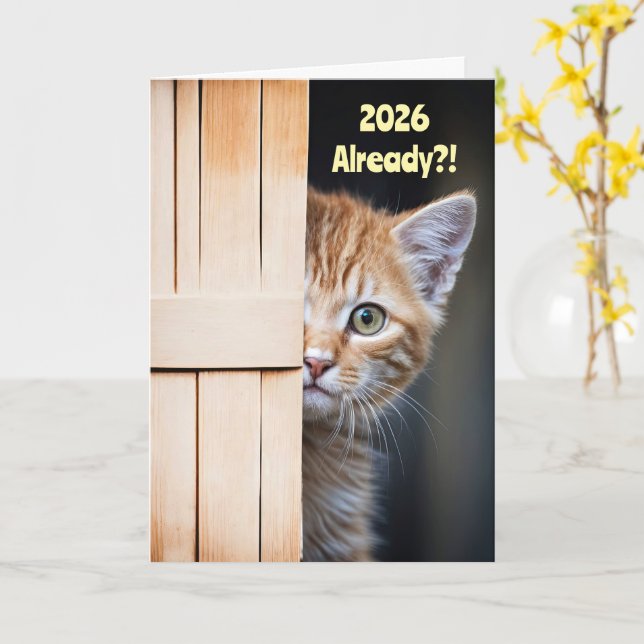 Tarjeta New Years Cute Funny 2026 Ginger Orange Kitten  (flor amarilla)
