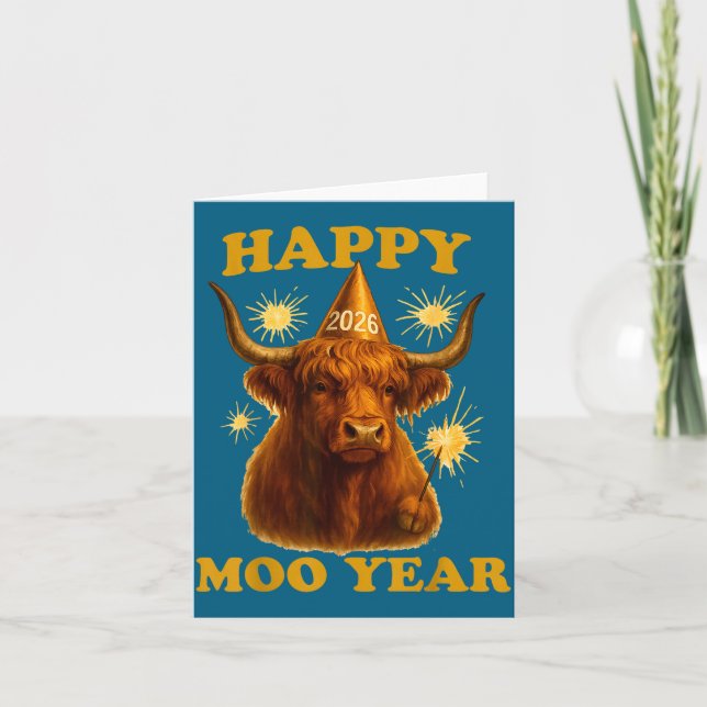 Tarjeta New Years Highland Cow Scottish Nye Party Farm Ani (Anverso)