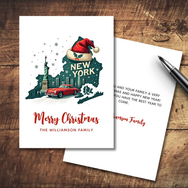 Tarjeta New York State Merry Christmas Retro Personalizado (Personalize with your text and Family Names, other items available in collection)