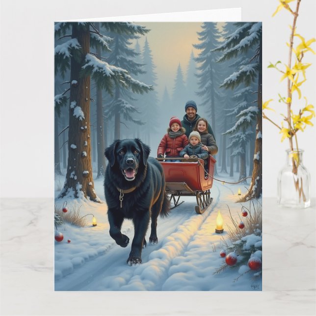 Tarjeta Newfoundland Dog Snowy Sleigh Ride Christmas (flor amarilla)