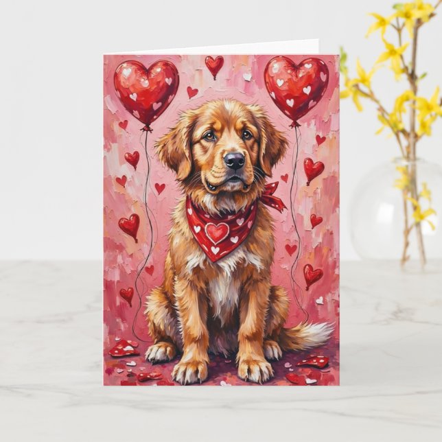 Tarjeta Newfoundland Valentine’s Day Dog with Hearts Red (flor amarilla)
